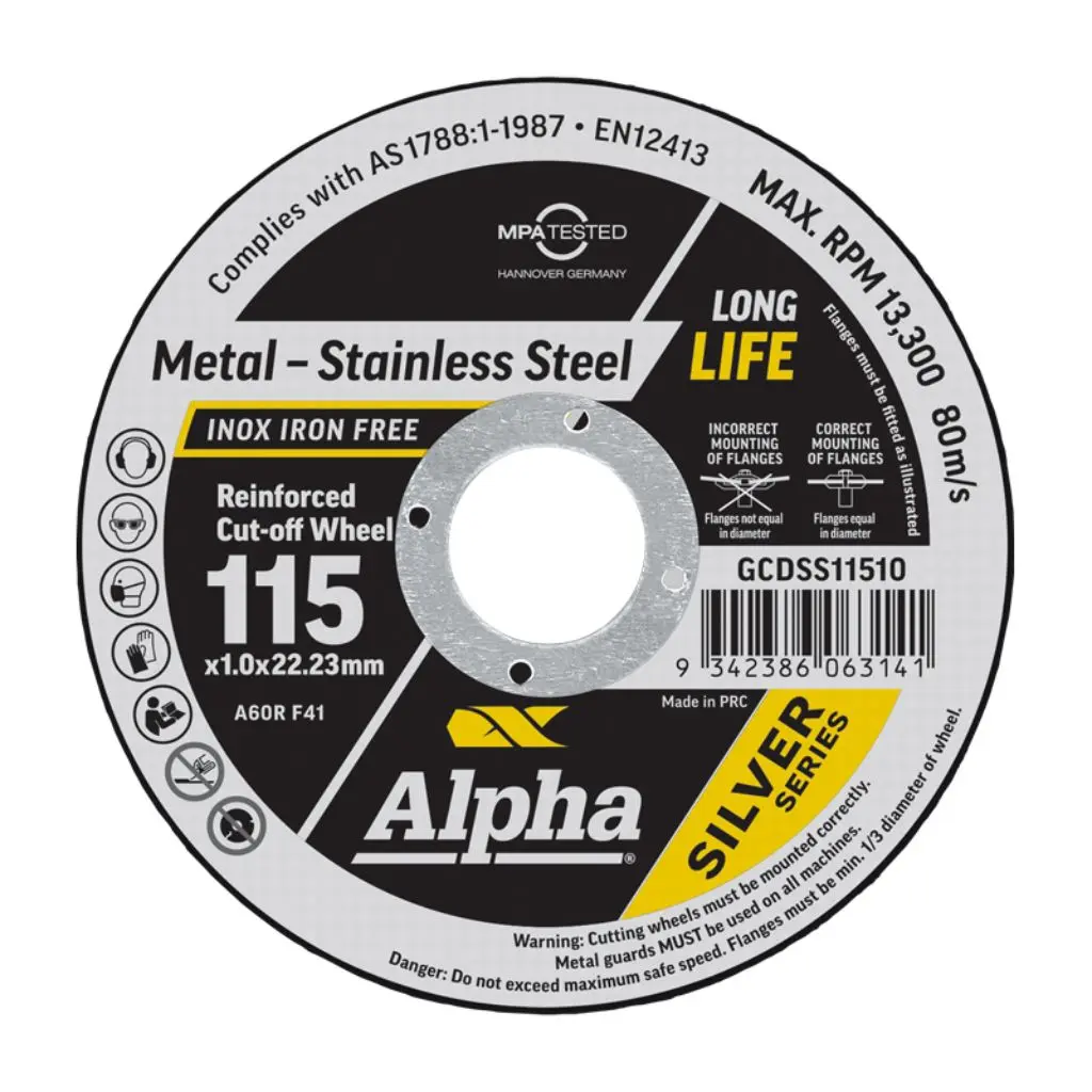 ALPHA Silver Series Reinforced Cut-off Wheel 115mm x 1mm x 22.23mm bore (Maxabrase)