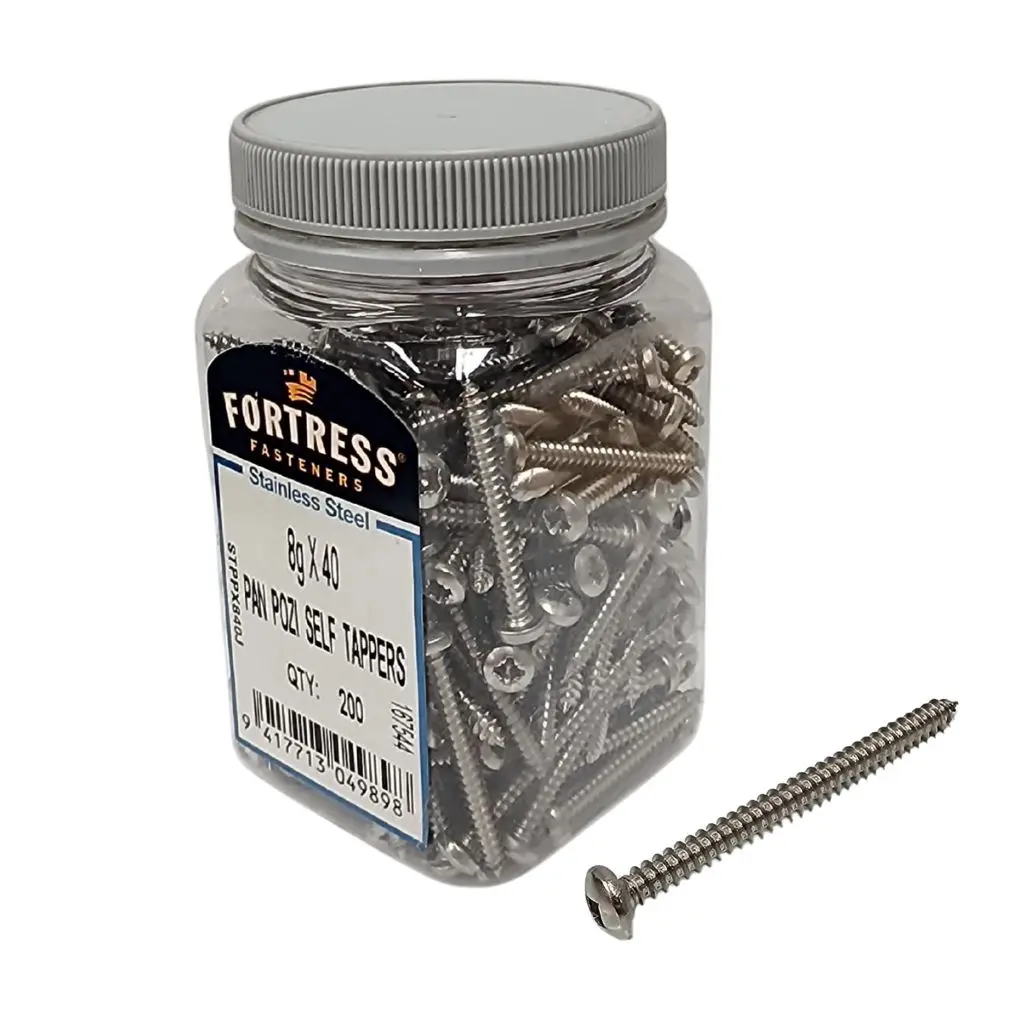 FORTRESS Self Tappers 8g x 40 Pan Pozi Stainless Steel (jar of 200)