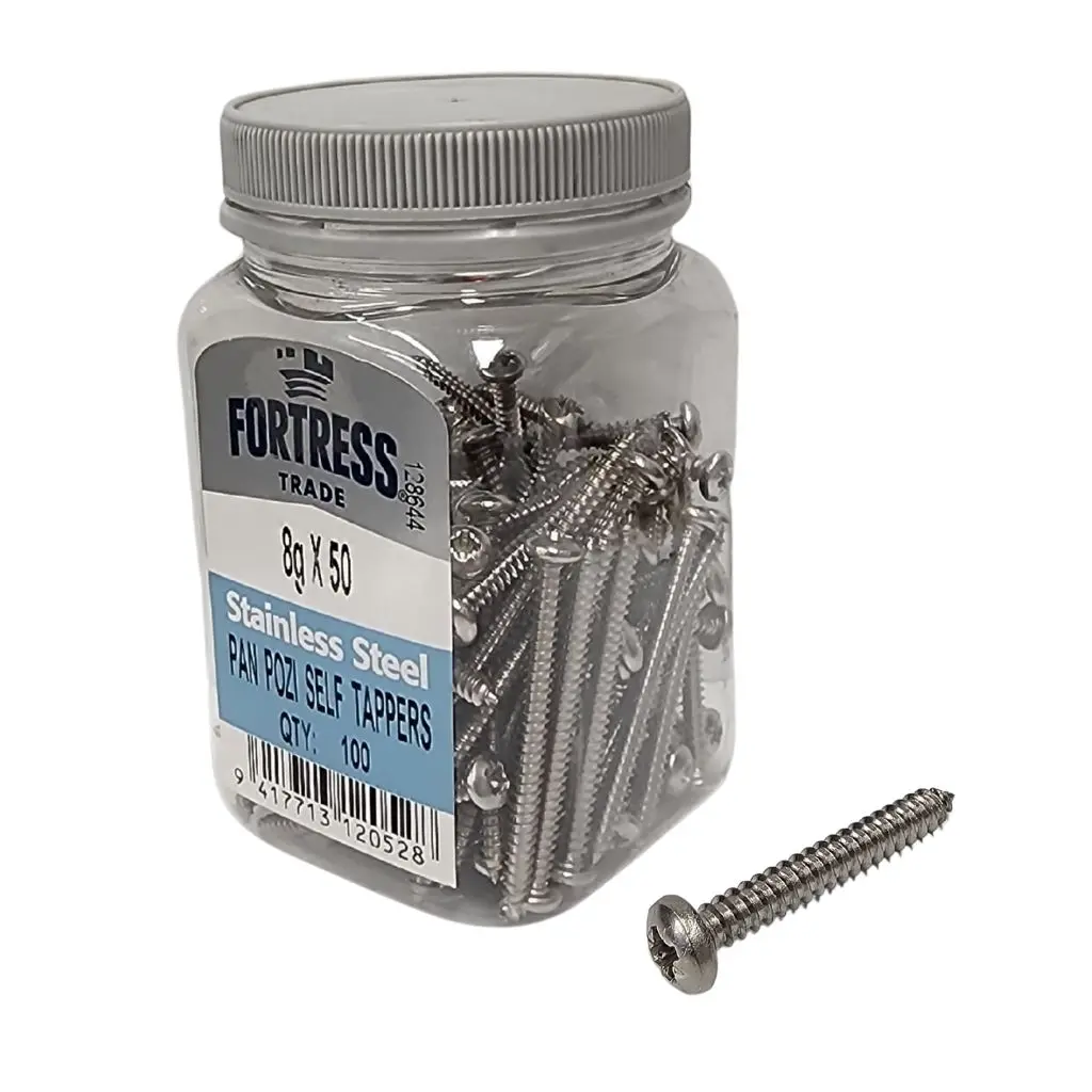FORTRESS Self Tappers 10g x 50 Pan Pozi Stainless Steel (jar of 100)