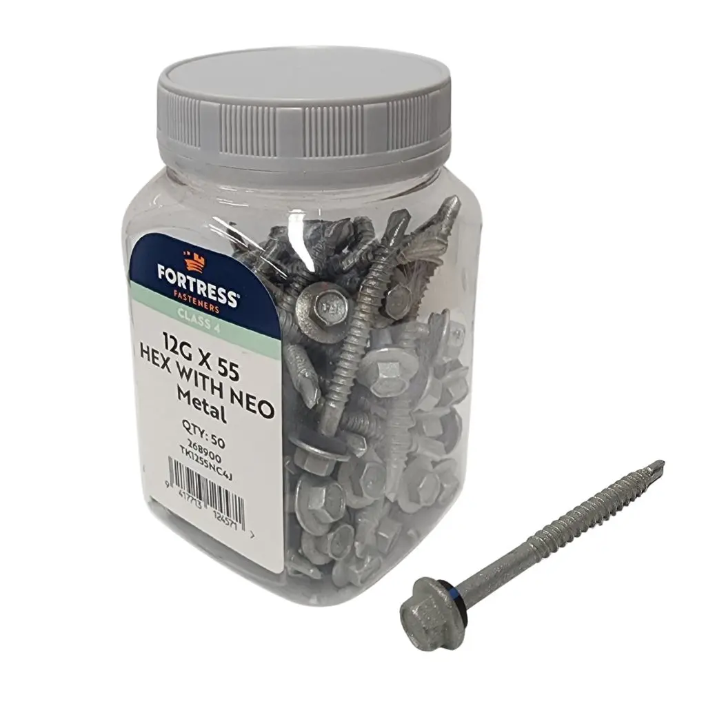 FORTRESS Self Drilling Tek Screw with Neo 12g x 55 Class 4 Galvanised (jar of 50)