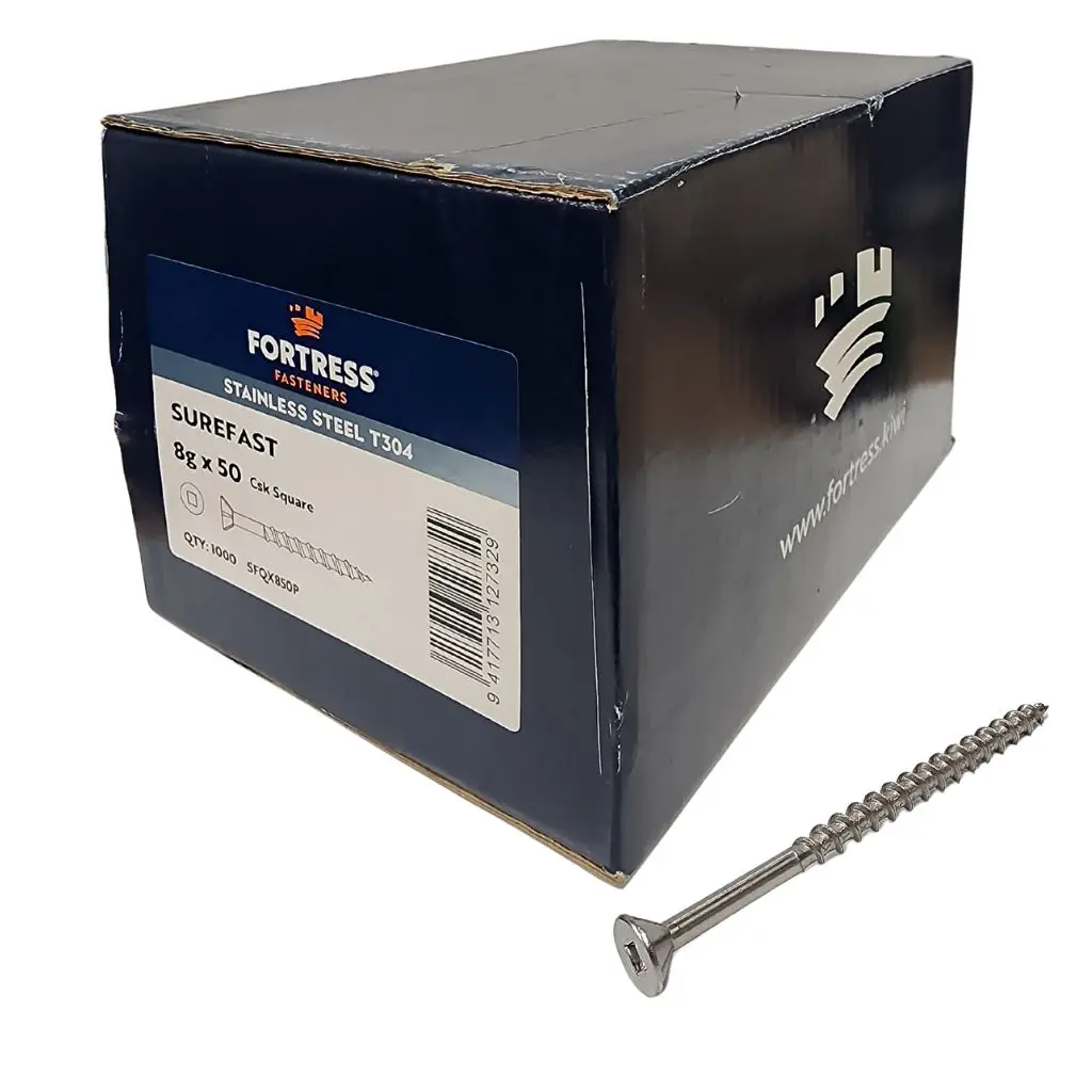 FORTRESS Countersunk Square Surefast Screw 8g x 50 Stainless Steel (box of 1000)