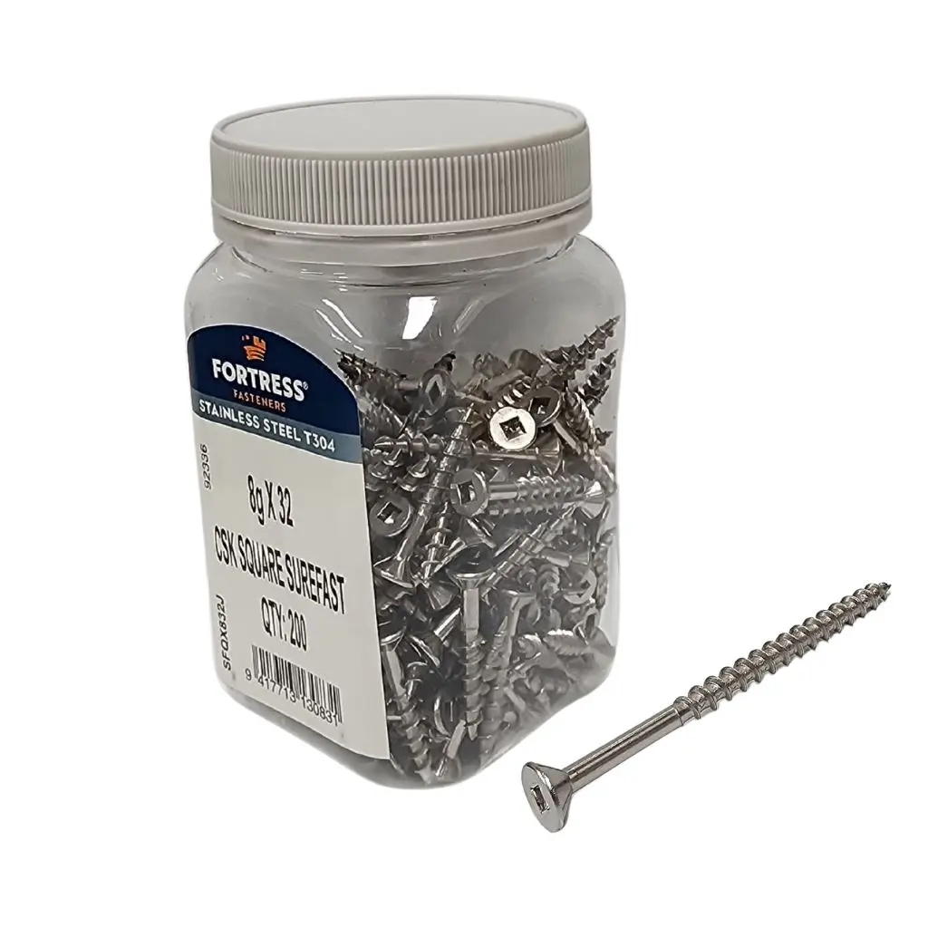 FORTRESS Countersunk Square Surefast Screw 8g x 32 Stainless Steel (jar of 200)