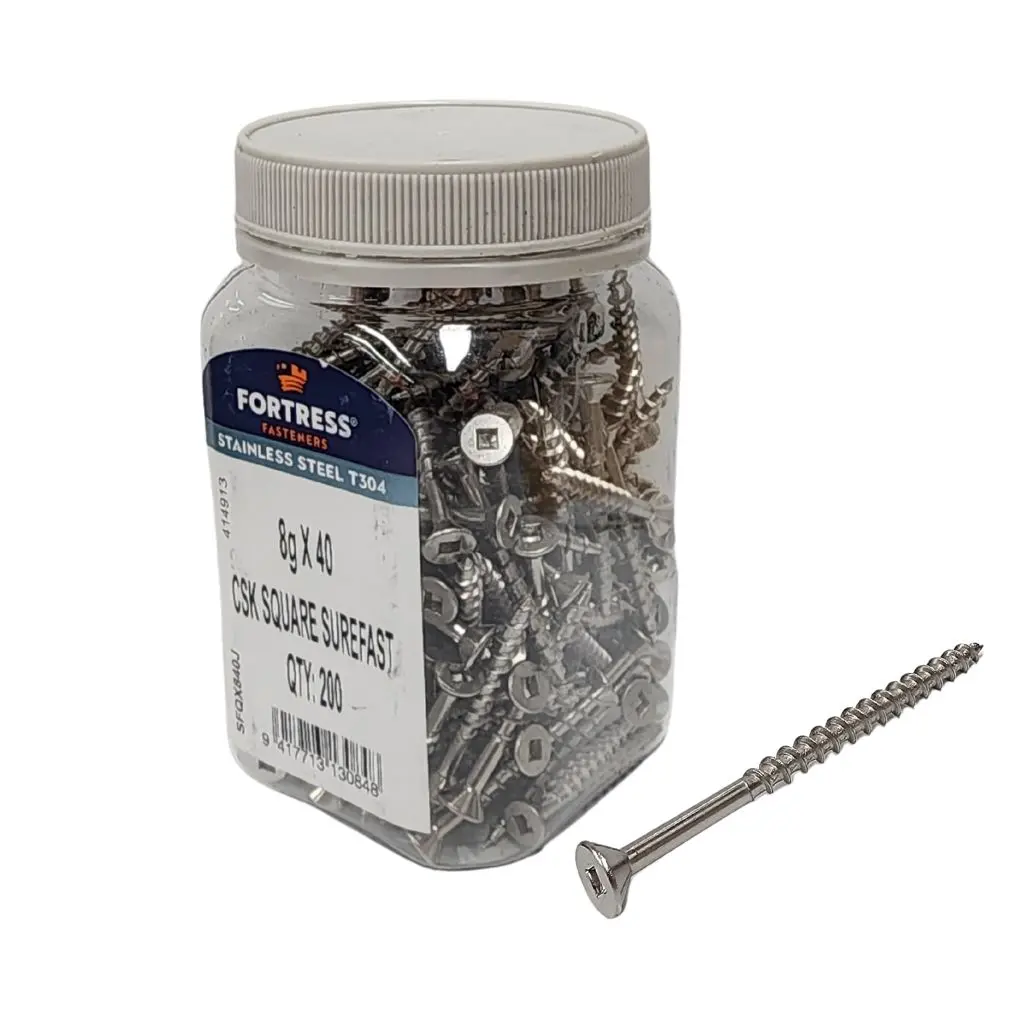 FORTRESS Countersunk Square Surefast Screw 10g x 40 Stainless Steel (jar of 200)