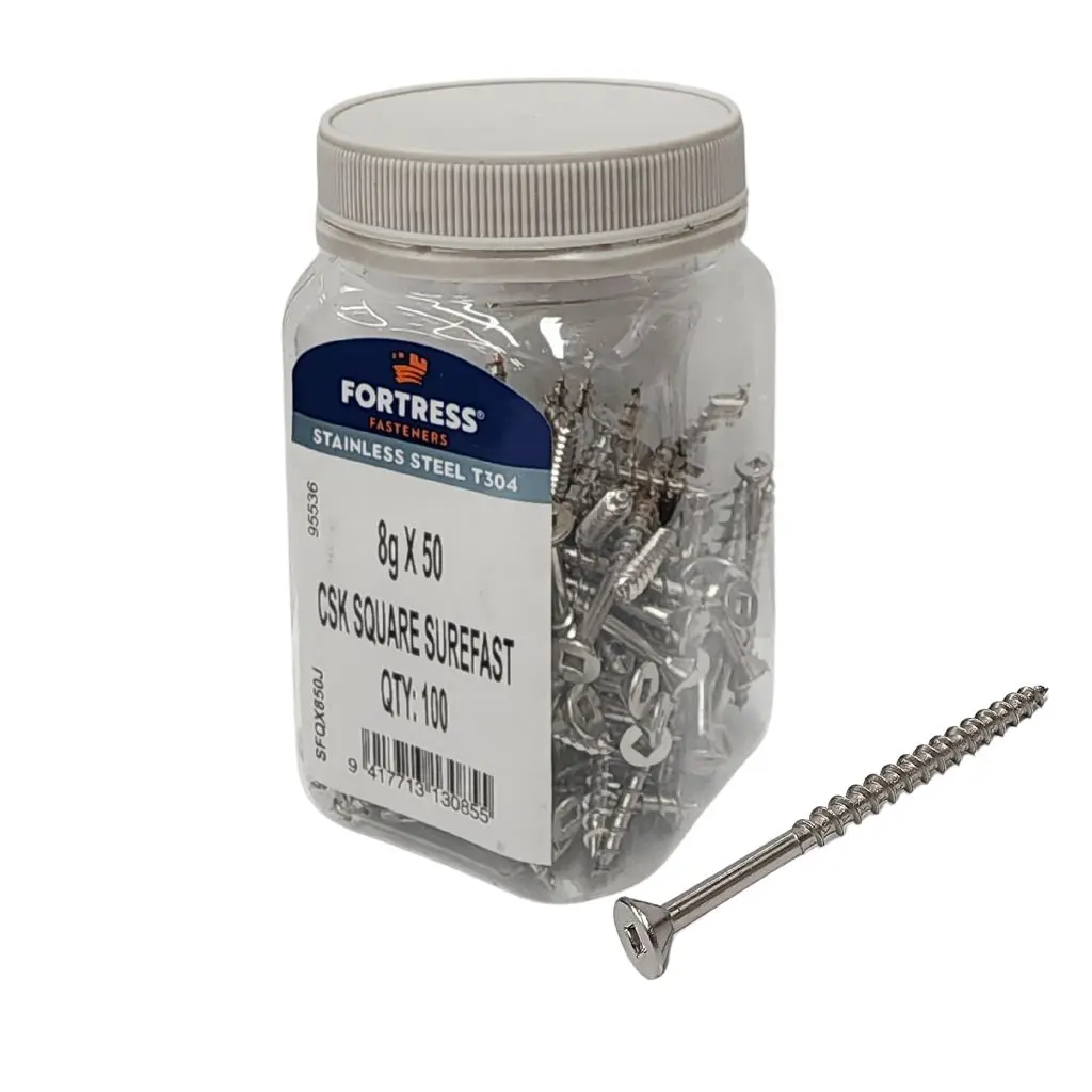 FORTRESS Countersunk Square Surefast Screw 8g x 50 Stainless Steel (jar of 100)