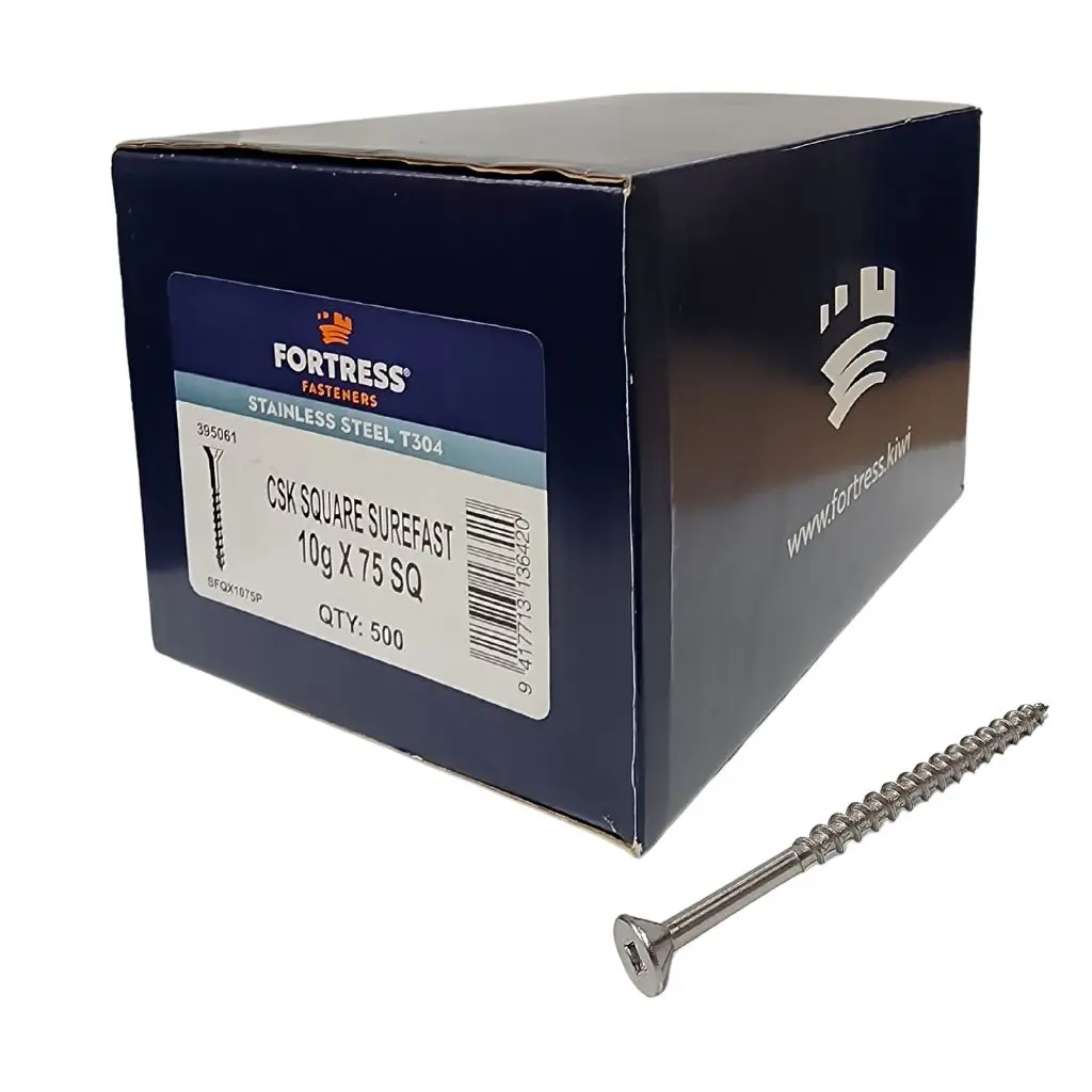 FORTRESS Countersunk Square Surefast Screw 10g x 75 Stainless Steel (box of 500)