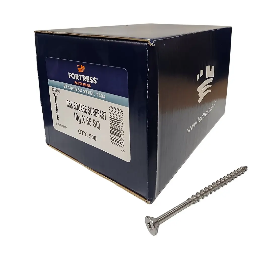 FORTRESS Countersunk Square Surefast Screw 10g x 65 Stainless Steel (box of 500)