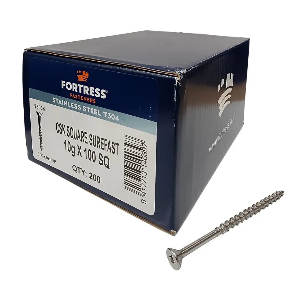 FORTRESS Countersunk Square Surefast Screw 10g x 100 Stainless Steel (box of 200)