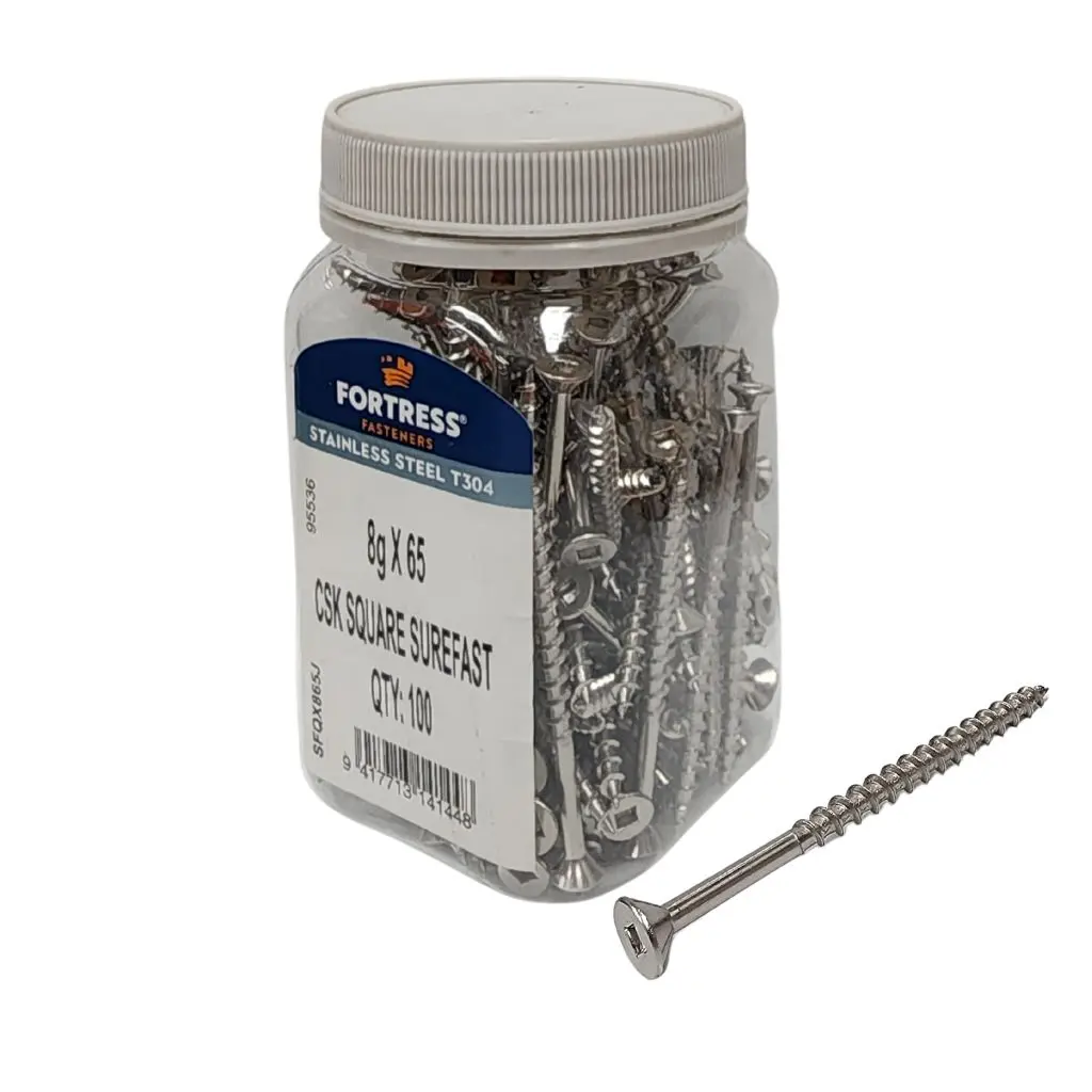 FORTRESS Countersunk Square Surefast Screw 8g x 65 Stainless Steel (jar of 100)