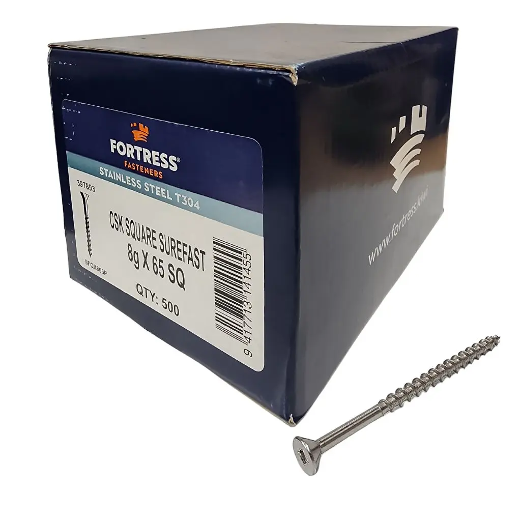FORTRESS Countersunk Square Surefast Screw 8g x65 Stainless Steel (box of 500)