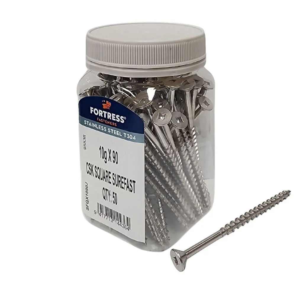 FORTRESS Countersunk Square Surefast Screw 10g x 90 Stainless Steel (jar of 50)