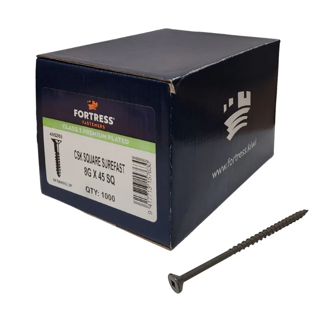 FORTRESS Surefast 8g x 45 Countersunk Square Class 3 Premium Plated (box of 1000)