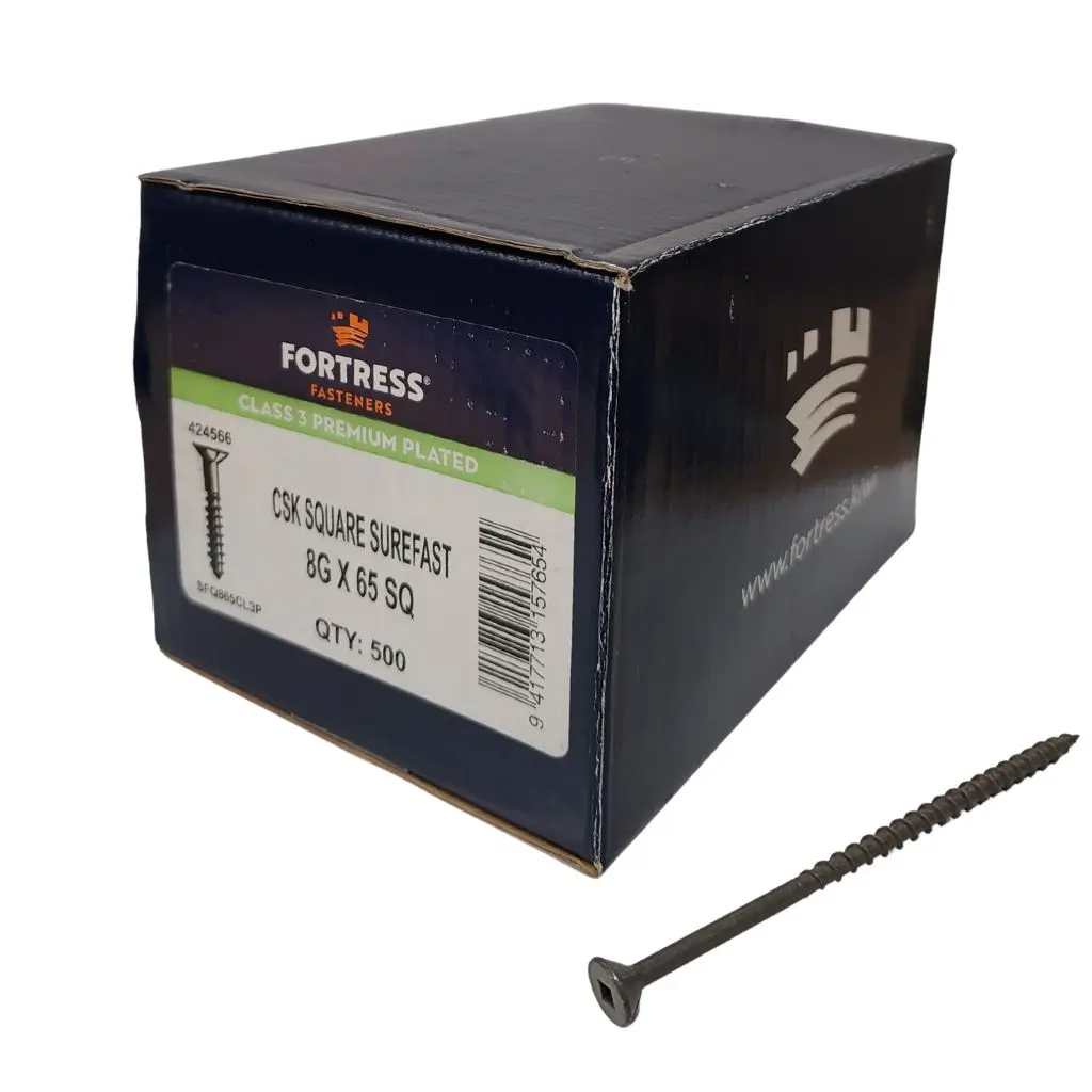 FORTRESS Surefast 8g x 65 Countersunk Square Class 3 Premium Plated (box of 500)