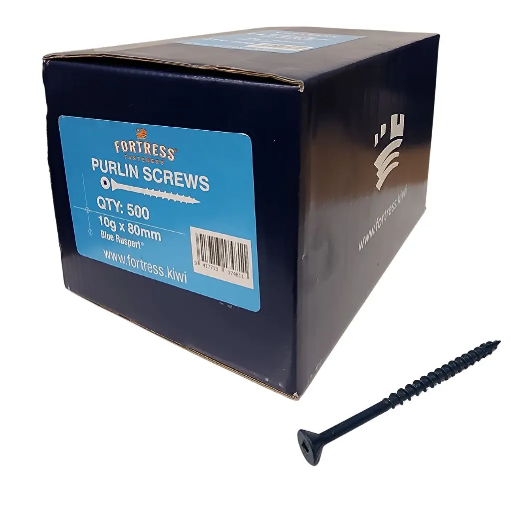 FORTRESS Purlin Screw 10g x 80 Countersunk Square Drive Blue Ruspert (box of 500)