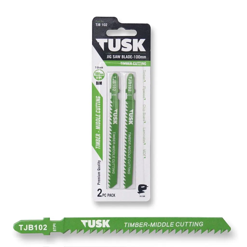 TUSK Jig Saw Blade for Timber 100mm x 8 TPI T-shank (2 piece pack)