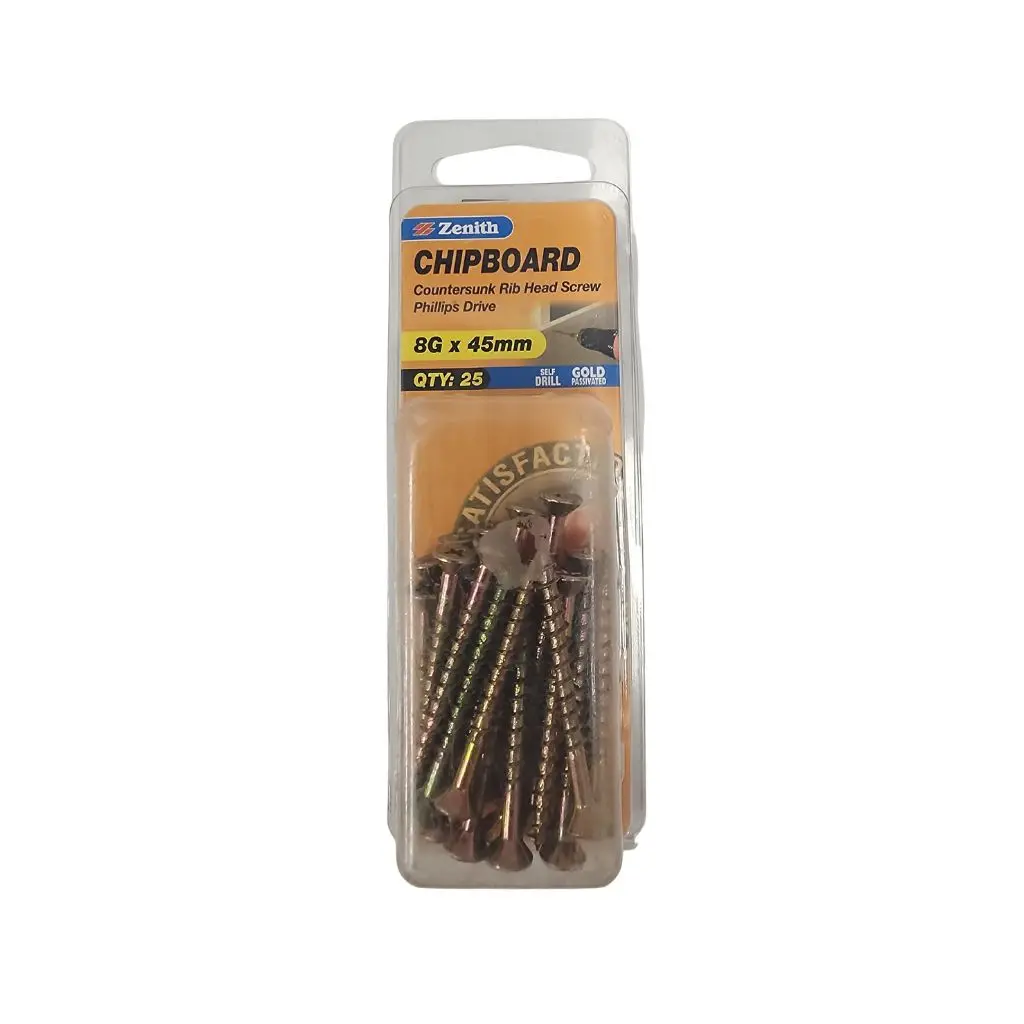 ZENITH 8g X 45mm Countersunk Rib Head Chipboard Screws - 25 Pack