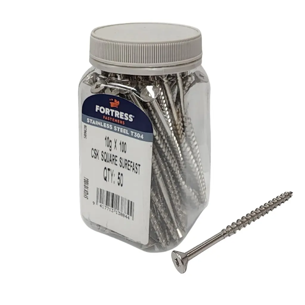FORTRESS Countersunk Square Surefast Screw 10g x 100 Stainless Steel (jar of 50)