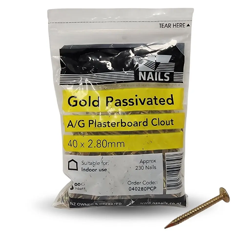 NZ NAILS Gold Passivated Angular Grooved Plasterboard Clout 40 x 2.80mm - 500g