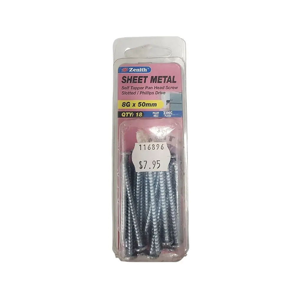 ZENITH 8g X 50mm Self Tapper Pan Head Phillips Sheet Metal Screws - 18 Pack