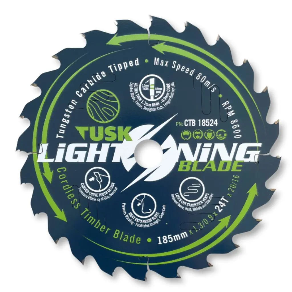 TUSK Tungsten Carbide Cordless Timber Lightning Blade 185mm x 24 teeth x 20/16 bore