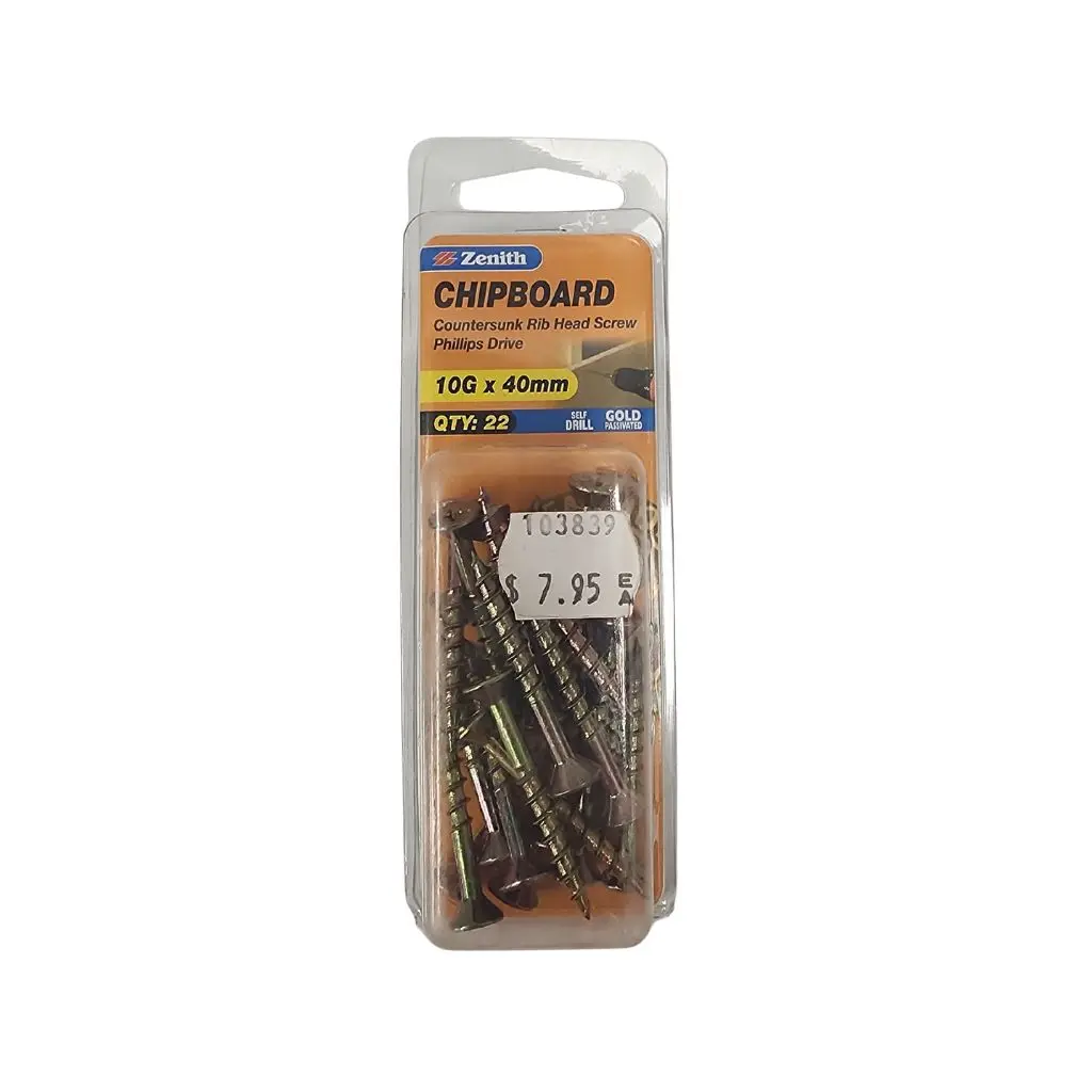 ZENITH 10g X 40mm Countersunk Rib Head Chipboard Screws - 22 Pack