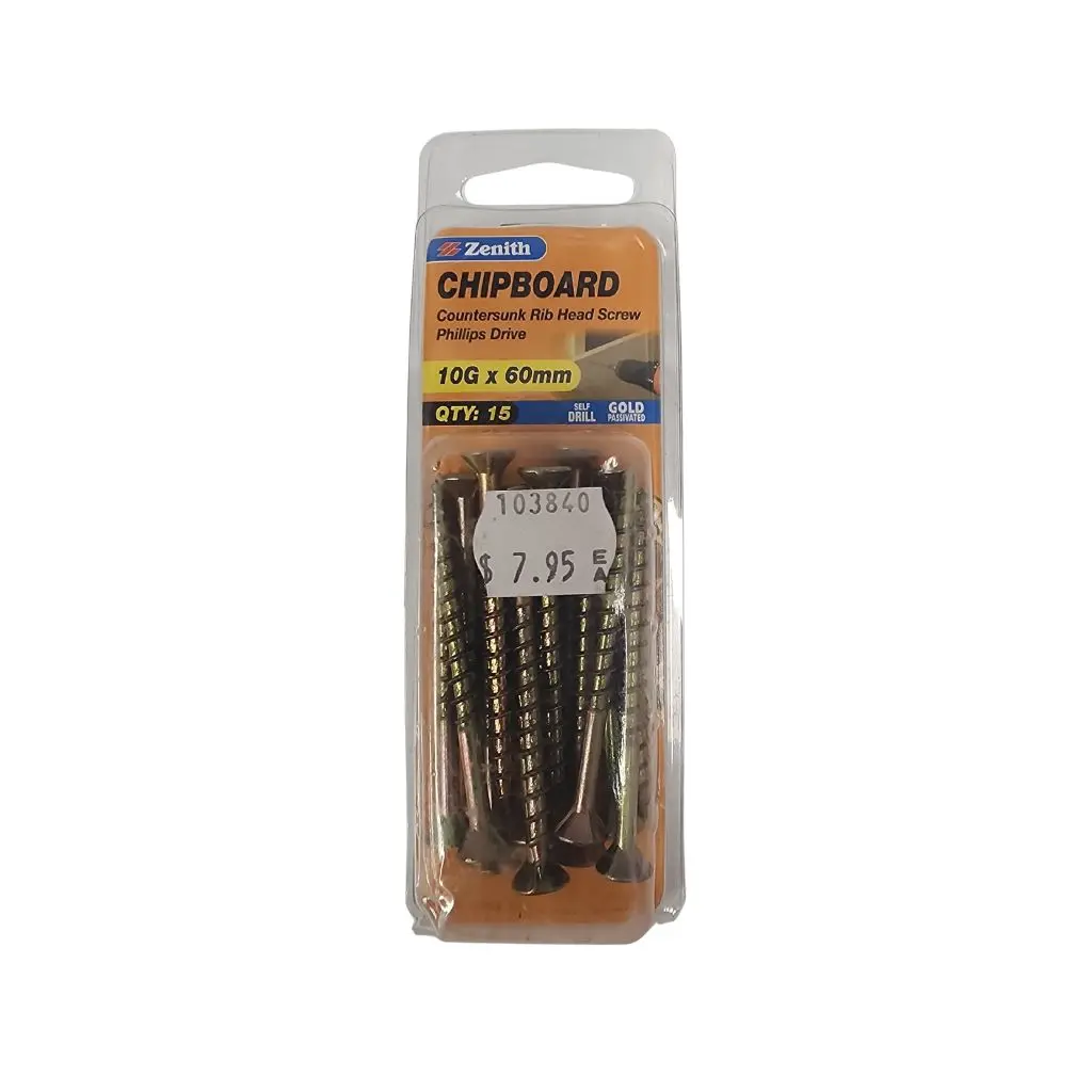 ZENITH 10g X 60mm Countersunk Rib Head Chipboard Screws - 15 Pack