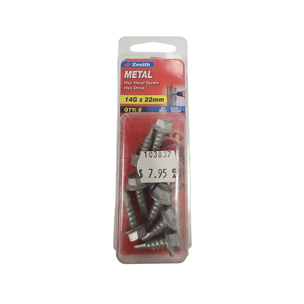 ZENITH 14g X 22mm Hex Head Metal Screws - 8 Pack