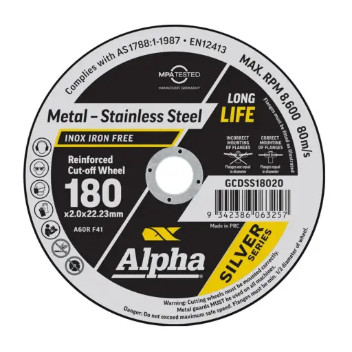 [GCDSS18020] ALPHA Silver Series Reinforced Cut-off Wheel 180mm x 2mm x 22.23mm bore (Maxabrase)