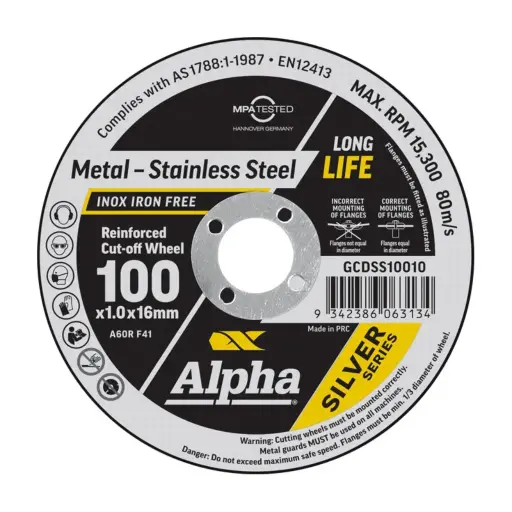 [GCDSS10010] ALPHA Silver Series Reinforced Cut-off Wheel 100mm x 1mm x 16mm bore (Maxabrase)