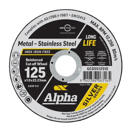 [GCDSS12510] ALPHA Silver Series Reinforced Cut-off Wheel 125mm x 1mm x 22.23mm bore (Maxabrase)