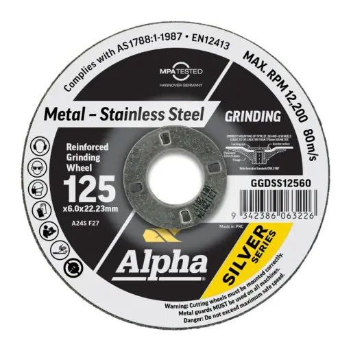 [GGDSS12560] ALPHA Silver Series Reinforced Grinding Wheel 125mm x 6mm x 22.23mm bore (Maxabrase)