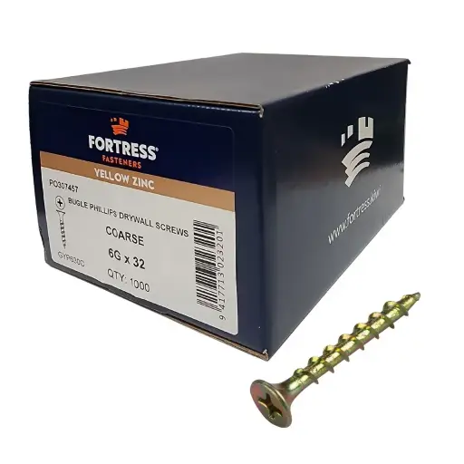 [P0107932] FORTRESS Plasterboard Bugle Screw 6g x 32mm Yellow Zinc (box of 1000)