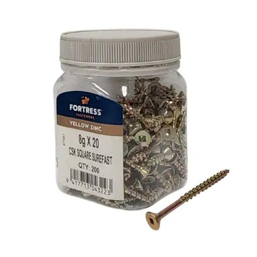 [116602] FORTRESS Countersunk Square Surefast Screw 8g x 20 Yellow Zinc (jar of 200)