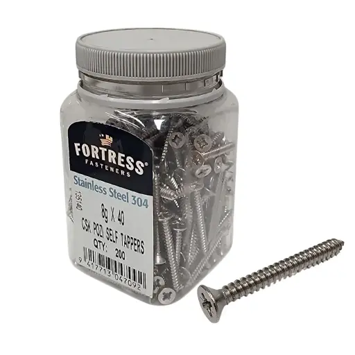 [HEN218] FORTRESS Self Tappers 8g x 40 Countersunk Pozi Stainless Steel (jar of 200)
