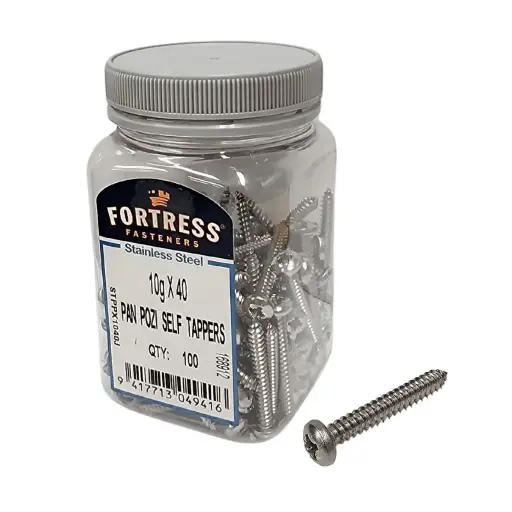 [HEN384] FORTRESS Self Tappers 10g x 40 Pan Pozi Stainless Steel (jar of 100)