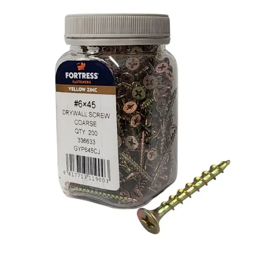 [101782] FORTRESS Plasterboard Screw 6g x 45mm Yellow Zinc (jar of 200)
