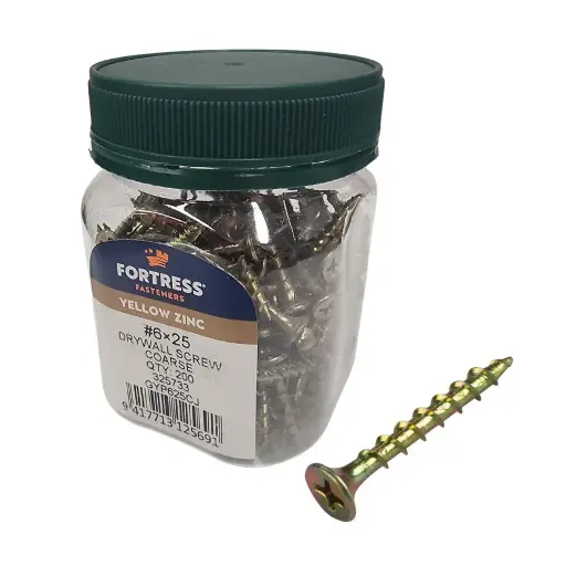 [P0070303] FORTRESS Plasterboard Screw 6g x 25mm Yellow Zinc (jar of 200)