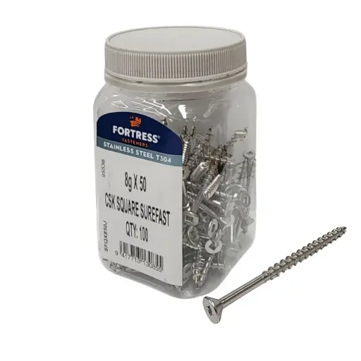 [P0024829] FORTRESS Countersunk Square Surefast Screw 8g x 50 Stainless Steel (jar of 100)