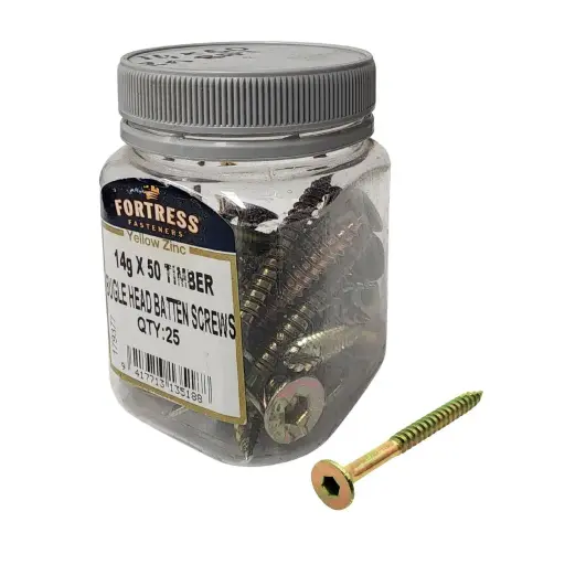 [HEN050] FORTRESS Batten Screw Bugle Head 14g x 50 Yellow Zinc (jar of 25)