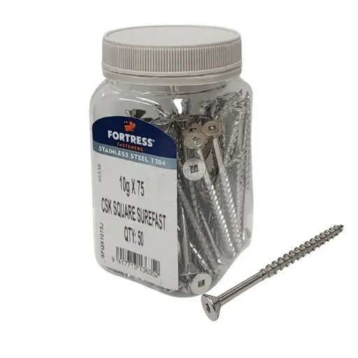 [P0011413] FORTRESS Countersunk Square Surefast Screw 10g x 75 Stainless Steel (jar of 50)