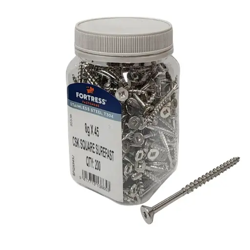 [P0024513] FORTRESS Countersunk Square Surefast Screw 8g x 200 Stainless Steel (jar of 200)