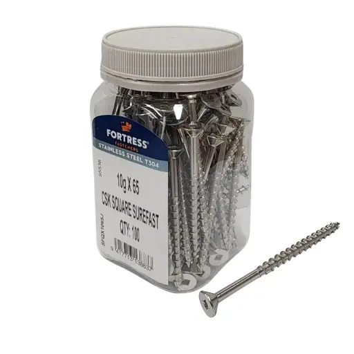 [P0011096] FORTRESS Countersunk Square Surefast Screw 10g x 65 Stainless Steel (jar of 100)
