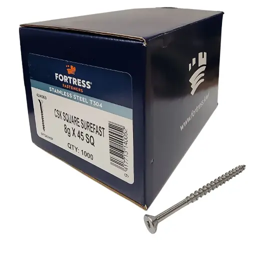 [P0024510] FORTRESS Countersunk Square Surefast Screw 8g x 45 Stainless Steel (box of 1000)