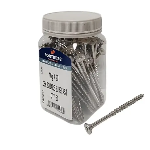 [P0011301] FORTRESS Countersunk Square Surefast Screw 10g x 90 Stainless Steel (jar of 50)