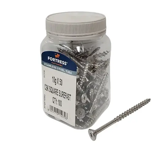 [P0011237] FORTRESS Countersunk Square Surefast Screw 10g x 50 Stainless Steel (jar of 100)