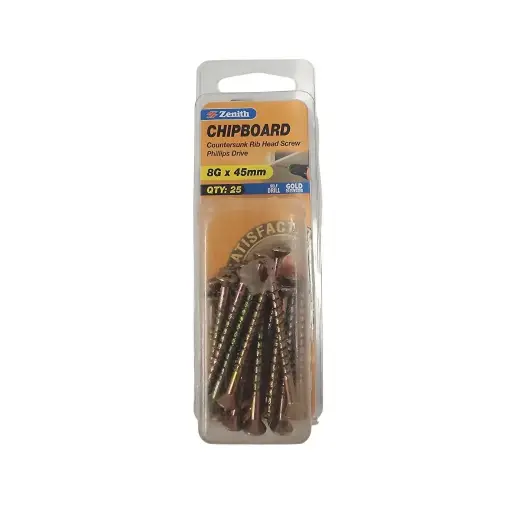 [EDA6445] ZENITH 8g X 45mm Countersunk Rib Head Chipboard Screws - 25 Pack
