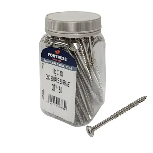 [P0011515] FORTRESS Surefast Countersunk Square Screw 10g x 100 Stainless Steel (jar of 50)