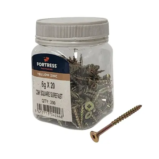 FORTRESS Countersunk Square Surefast Screw 6g x 20 Yellow Zinc (jar of 200)