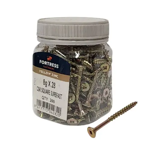 [104002] FORTRESS Countersunk Square Surefast Screw 8g x 28 Yellow Zinc (jar of 200)